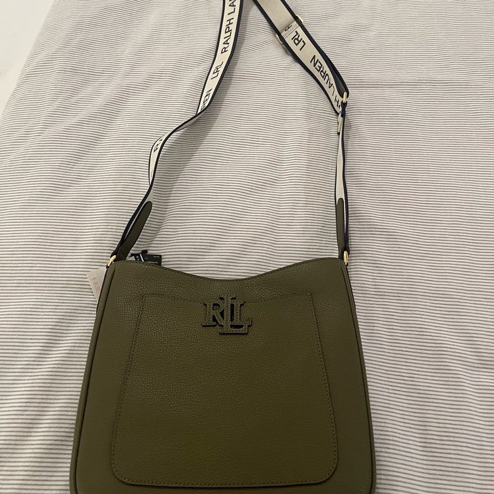 Ralph Lauren Green Crossbody Bag with Adjustable Strap and Textured Fabric